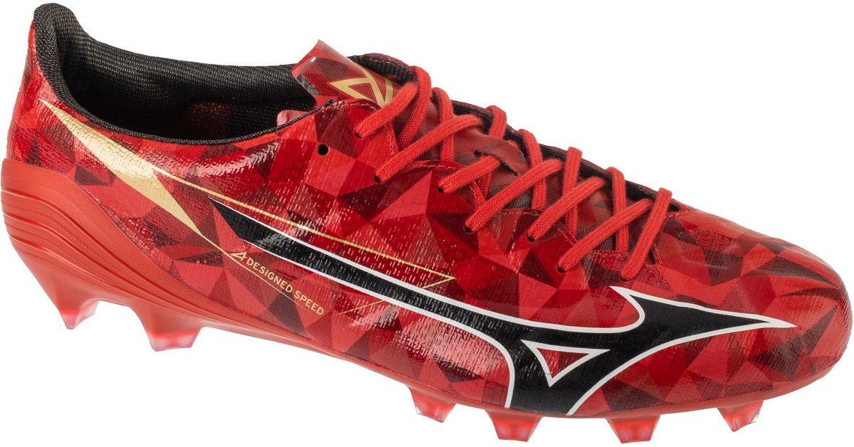 Mizuno Alpha II Elite FG voetbalschoenen voor mannen in rood, maat 44,5, met een dynamisch en gestroomlijnd ontwerp.
