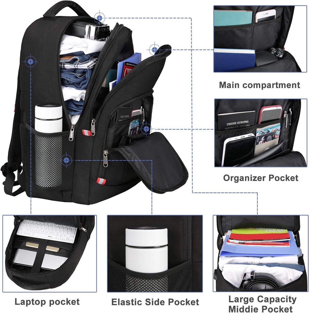 Lichtgewicht Laptoprugzak voor School en Reizen - Waterdichte Backpack met USB Oplaadpoort - 15.6 Inch Laptopvak Zwart – foto 7