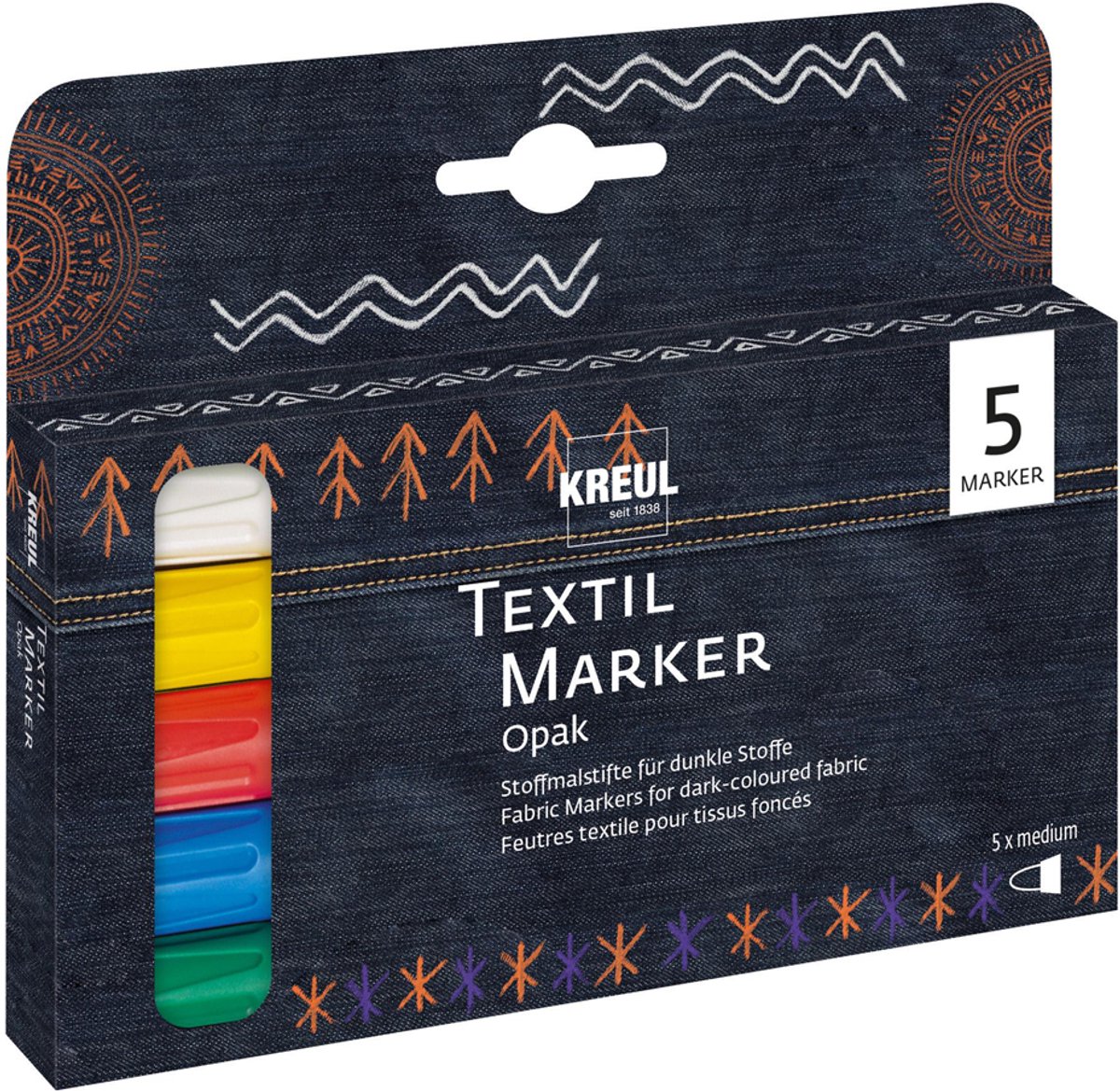 Javana Textielstiften set - Texi Max 5 kleuren markers set - Textiel stiften met 2 tot 4 mm brede lijnen