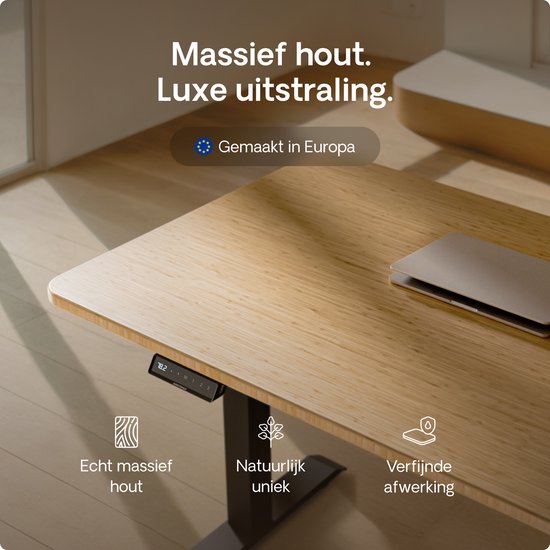 Bureau met massief houten blad, 'Massief hout. Luxe uitstraling.', 'Gemaakt in Europa', 'Echt massief hout', 'Natuurlijk uniek', 'Verfijnde afwerking'.
