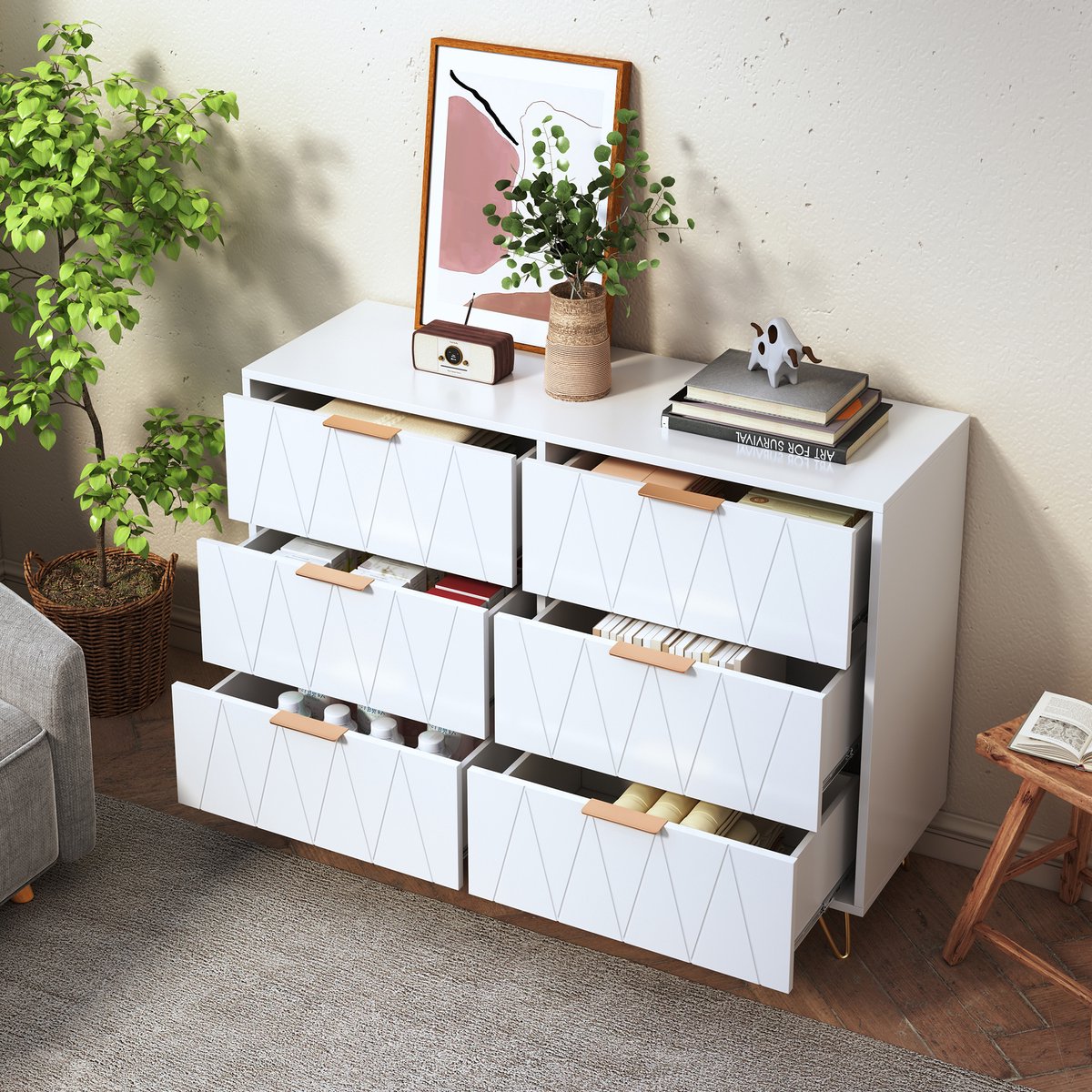 Kommode met 6 lades, wit dressoir 100x34x72.5 cm, sideboard met gouden metalen poten, woonkamer kast