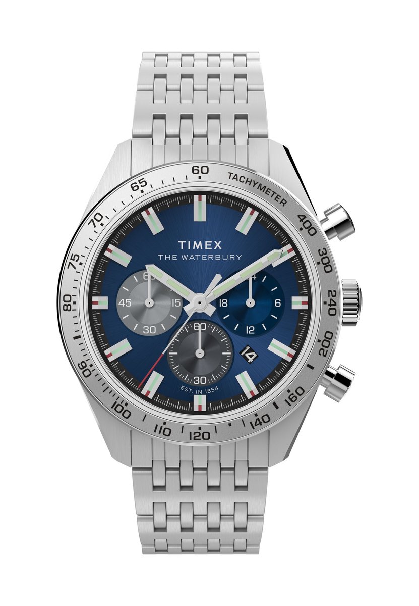 Timex Waterbury Traditional Chronograph Quartz Analoog Horloge Zilverkleur En Blauw Kast: 100% Roestvrij Staal | Armband: 100%Roestvrij Staal 41 TW2Y18500AJ, TW2Y18700AJ