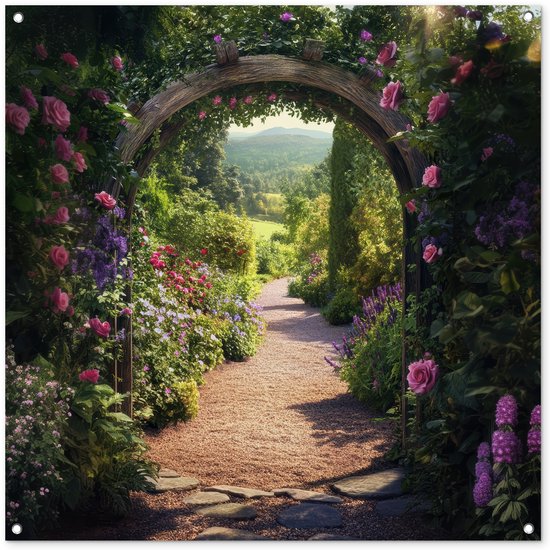 Tuinposter 100x100 cm - Tuindecoratie Doorkijk - Bloemen - Natuur - Rozenboog - Poster voor in de tuin - Buiten decoratie - Schutting tuinschilderij - Tuindoek muurdecoratie - Wanddecoratie balkondoek