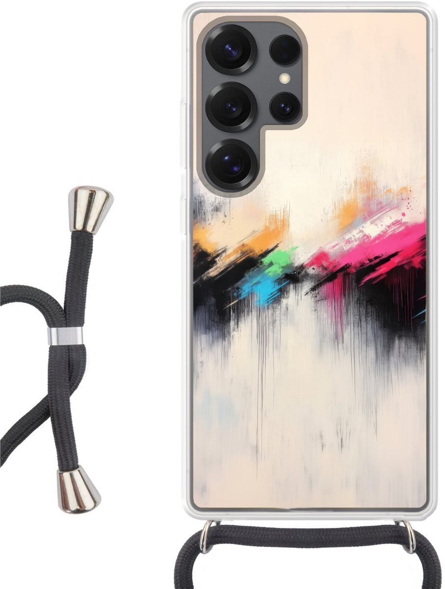 Telefoonhoesje Geschikt voor Samsung Galaxy S25 Ultra - Dynamisch - Abstract - Kleurrijk - Zwart - Siliconen - Crossbody - Backcover met Koord - Telefoonhoesje met koord - Hoesje met touw Telefoonhoesje