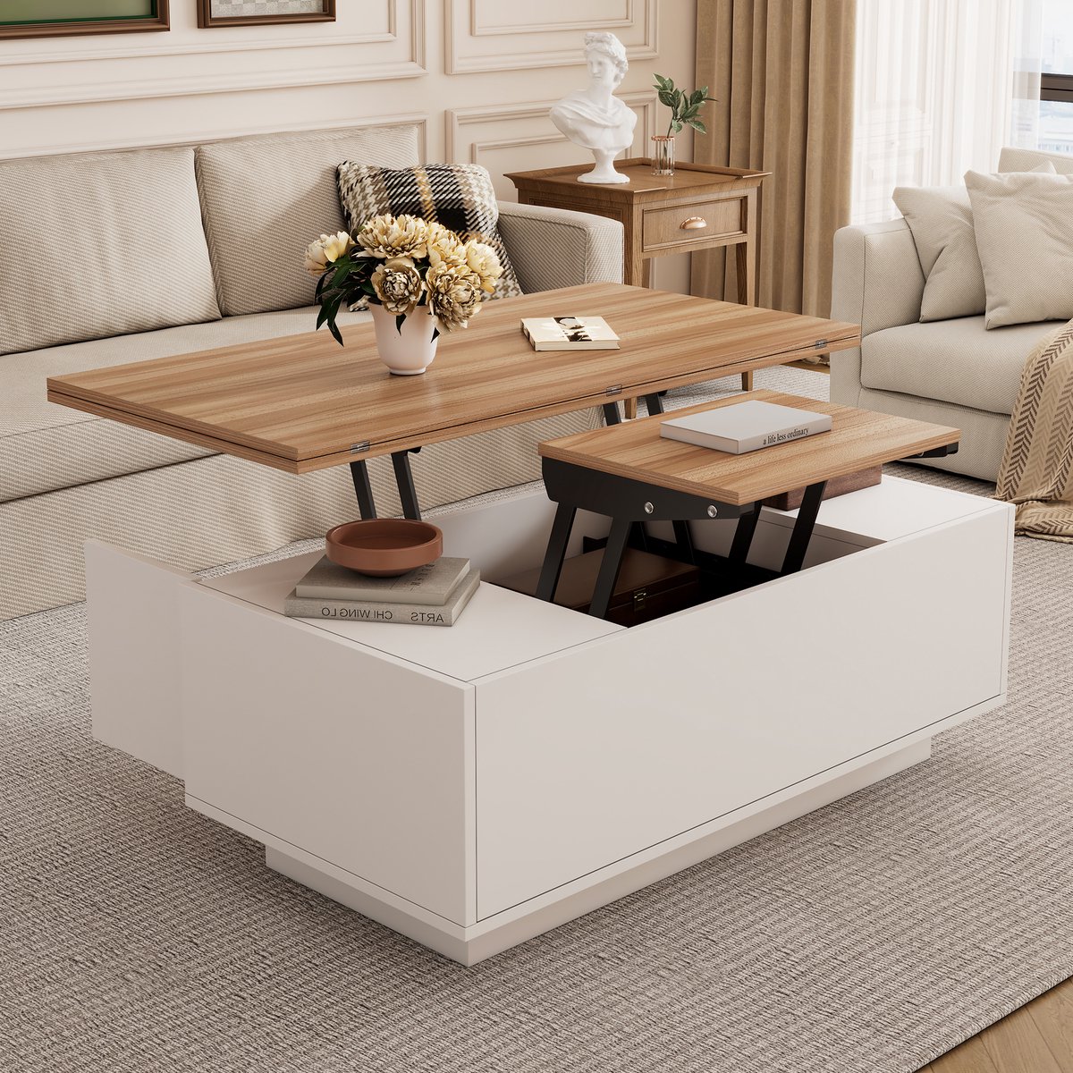 Pugsdrly Moderne salontafel met dubbel hefmechanisme, verborgen opbergruimte – belastbaar tot 50 kg Wit
