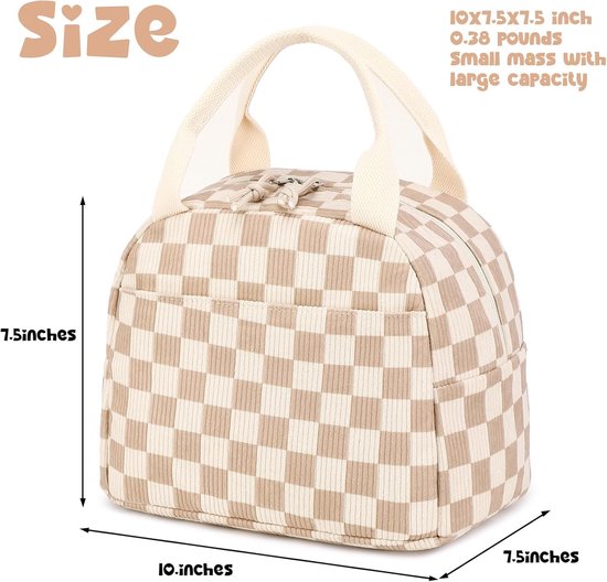 Lunchtas voor mannen en vrouwen, schattige corduroy lunchtas, herbruikbare geïsoleerde lunchbox, grote inhoud, herbruikbare geïsoleerde koelbox voor werk, picknicks of reizen, beige en bruin geruit van FlowFly — afbeelding 4