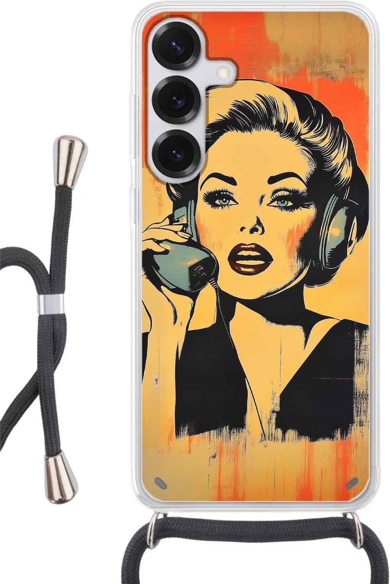 Telefoonhoesje Geschikt voor Samsung Galaxy S25 - Retro - Vrouw - Koptelefoon - Oranje - Siliconen - Crossbody - Backcover met Koord - Telefoonhoesje met koord - Hoesje met touw Telefoonhoesje