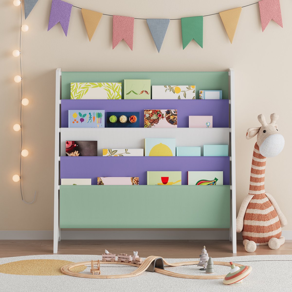 en.casa Kinderboekenkast Hornnes Aqua Dream motief 60x62x28 cm [en.casa] aqua dream motief, wit, lichtgroen, paars