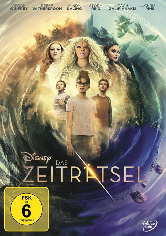 Poster voor "Das Zeiträtsel" met Oprah Winfrey, Reese Witherspoon, Mindy Kaling, Storm Reid, Zach Galifianakis en Chris Pine.
