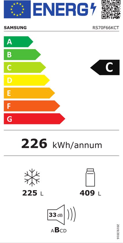 Energielabel van Samsung koelkast RS70F66KCT. Energieklasse C, 226 kWh/jaar. Vriezer 225L, Koelkast 409L. Geluidsniveau 33dB.