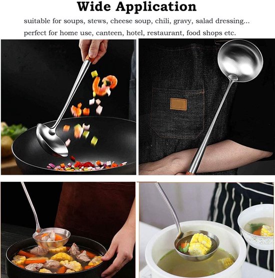 Soeplepel, 304 roestvrijstalen kooklepel lepel wok gereedschap met lang houten handvat hittebestendig, zilver/34,6 inch