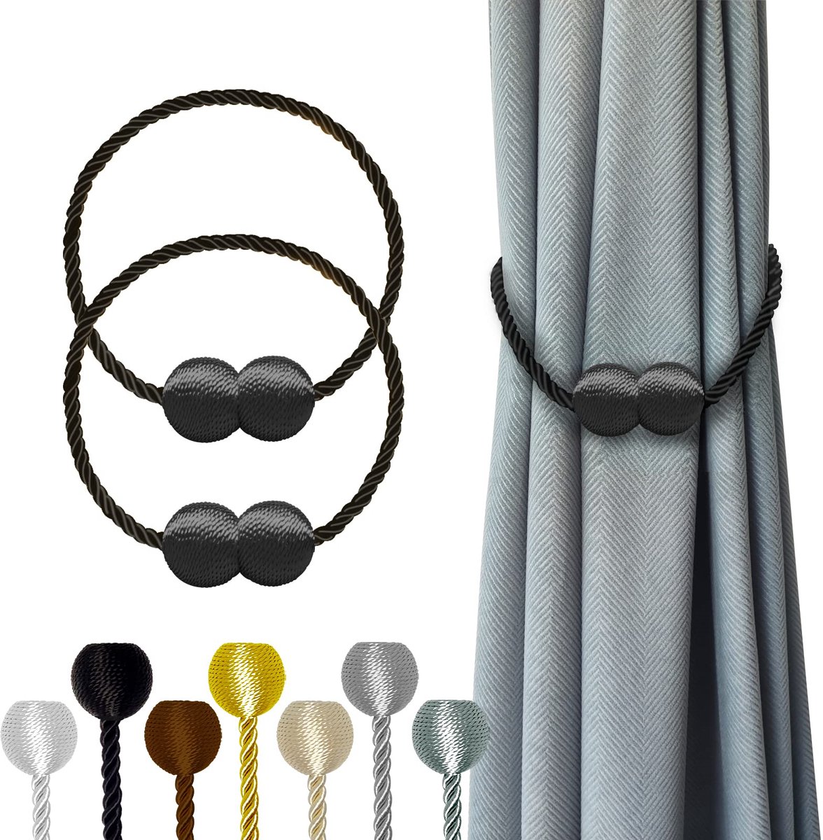 Magnetische Gordijnhouders Zwart – Set van 2 Gordijn Tiebacks, Buckles en Clips voor Thuis, Slaapkamer en Kantoor – Decoratieve Gordijnhouder