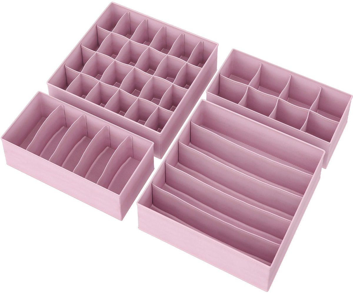 Lifenite ondergoed organizer, ondergoed opbergdoos, opvouwbare lade organizer, kast sokken, bh's en stropdassen, non-woven stof met verdelers, set van 4, roze