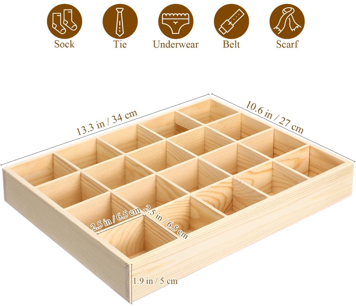 Houten Opbergdoos met 20 Vakken - Onbehandeld Natuurlijk Hout - Voor Edelstenen, Kristallen, Sieraden en Verzamelobjecten - 27 x 5 x 5 cm — cadeau in Hobby - foto 2