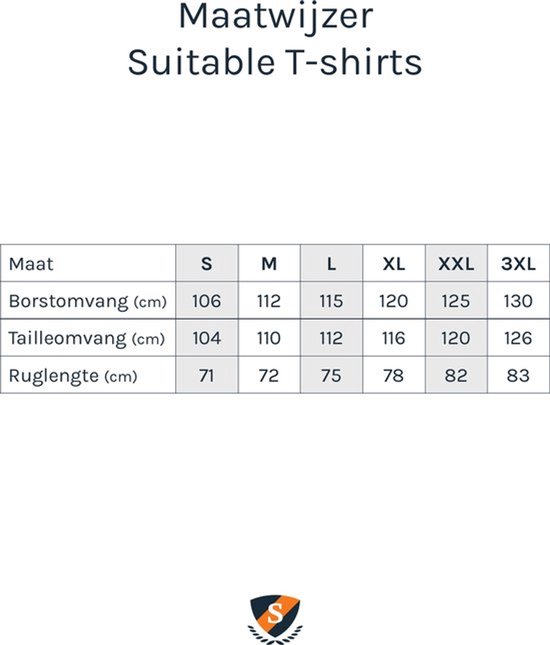 Maattabel voor Suitable T-shirts met maten S, M, L, XL, XXL, 3XL.