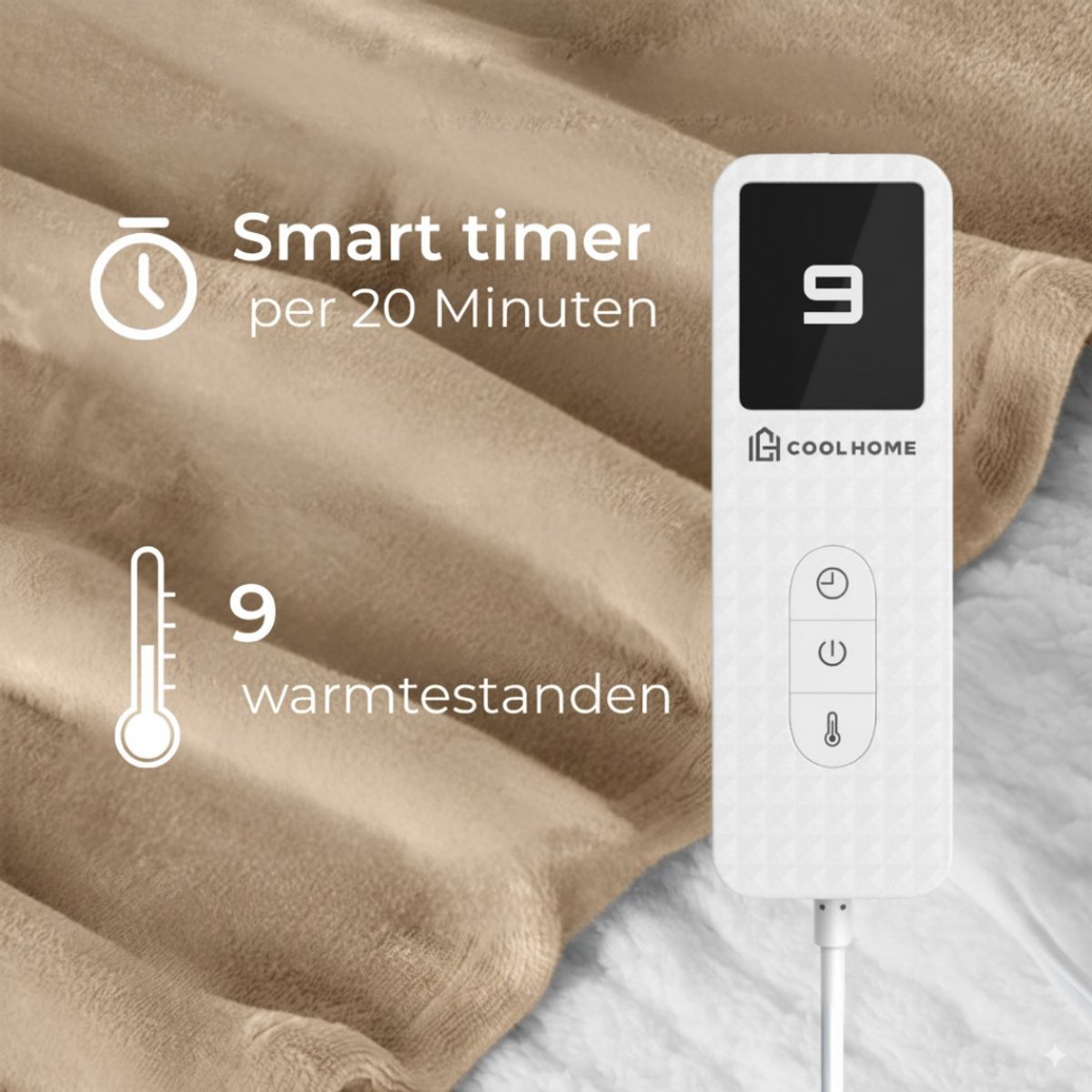Afbeelding 3 van CoolHome HB25 Elektrisch Warmtedeken - Elektrisch deken 130x 180cm - Flanel & Melkfleece – Afstandsbediening – Wasbaar - Beige