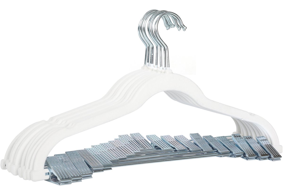 SVITA Set van 10 kledinghangers - met clips en fluwelen hoes wit