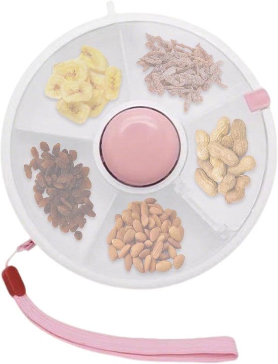 Boîte à goûter rotative - Boîte de rangement rotative - Organiseur avec couvercle et 5 compartiments - Pour Nourriture, fruits, légumes, noix - Idéale pour les Voyages, Avions et la Voitures - Rose