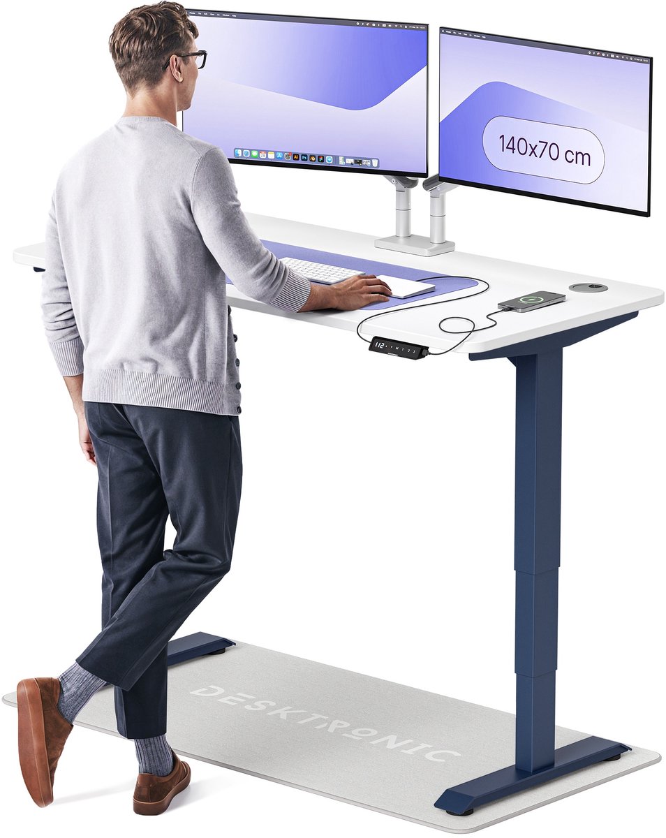 Desktronic HomePro Zit-sta Bureau Elektrisch In Hoogte Verstelbaar, 140x70 cm Blauw/Wit, Stille Dubbele Motor, Hoogte 62-126cm