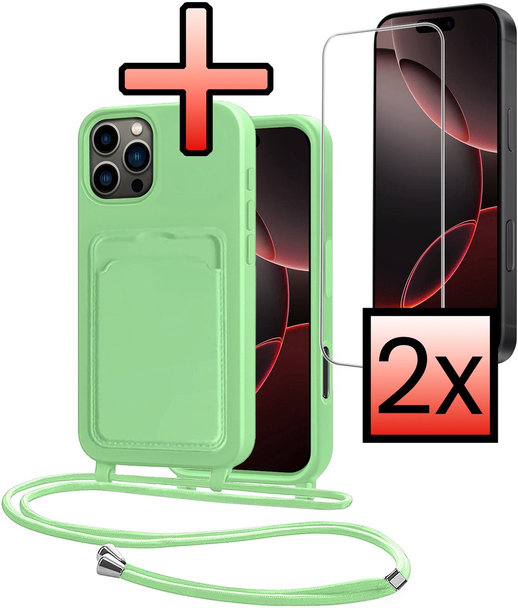 Hoes Geschikt voor iPhone 16 Pro Max Hoesje Pasjeshouder Cover Met Koord Case Siliconen Hoes Met Telefoonkoord en Kaarthouder Met 2x Screenprotector - Groen