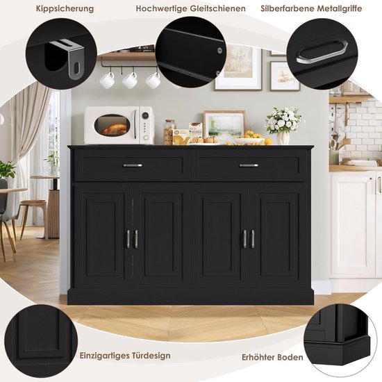 HOCSOK Dressoir, 120 cm keukenkasten met 2 laden, houten opbergkast voor keuken, woonkamer, eetkamer, hal, wit en bruin
