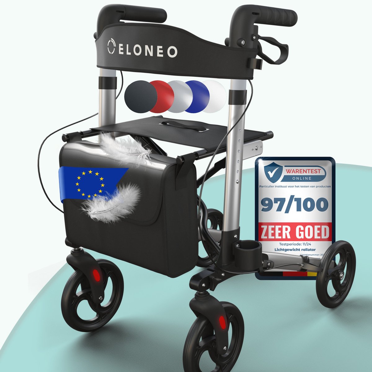 ELONEO Rollator – Lichtgewicht & Opvouwbaar - Binnen&Buiten - met Rugleuning - Wandelstokhouder -Tas