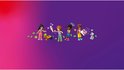 Vier LEGO Friends-figuren met ijsjes, donuts, een autootje en een wasbeer.