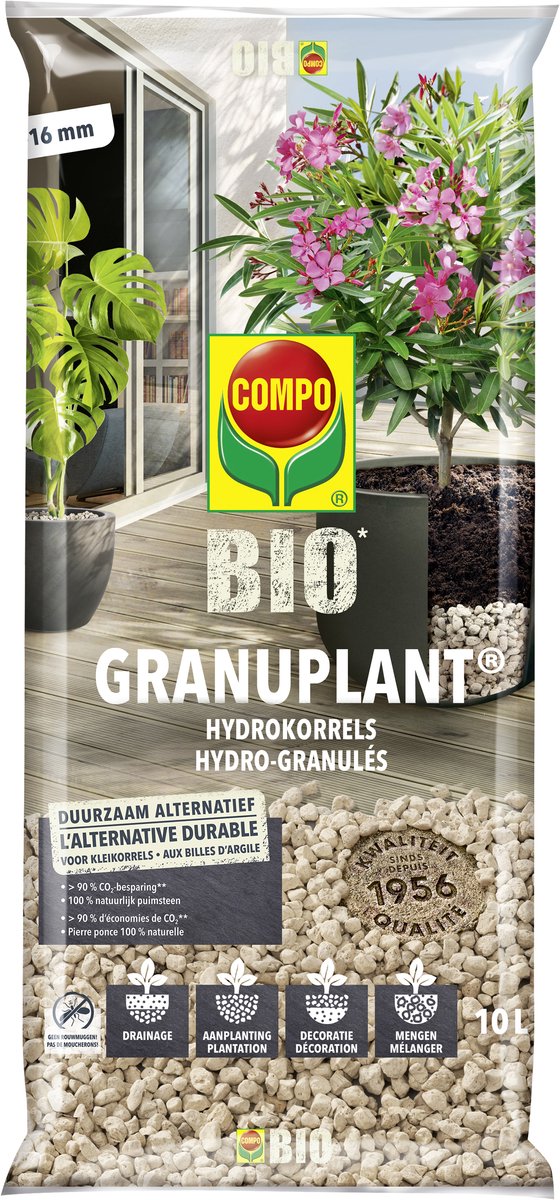 COMPO Bio Granuplant - 100% natuurlijke hydrokorrels - plant- & drainagegranulaat - duurzaam alternatief voor kleikorrels - zak 10L