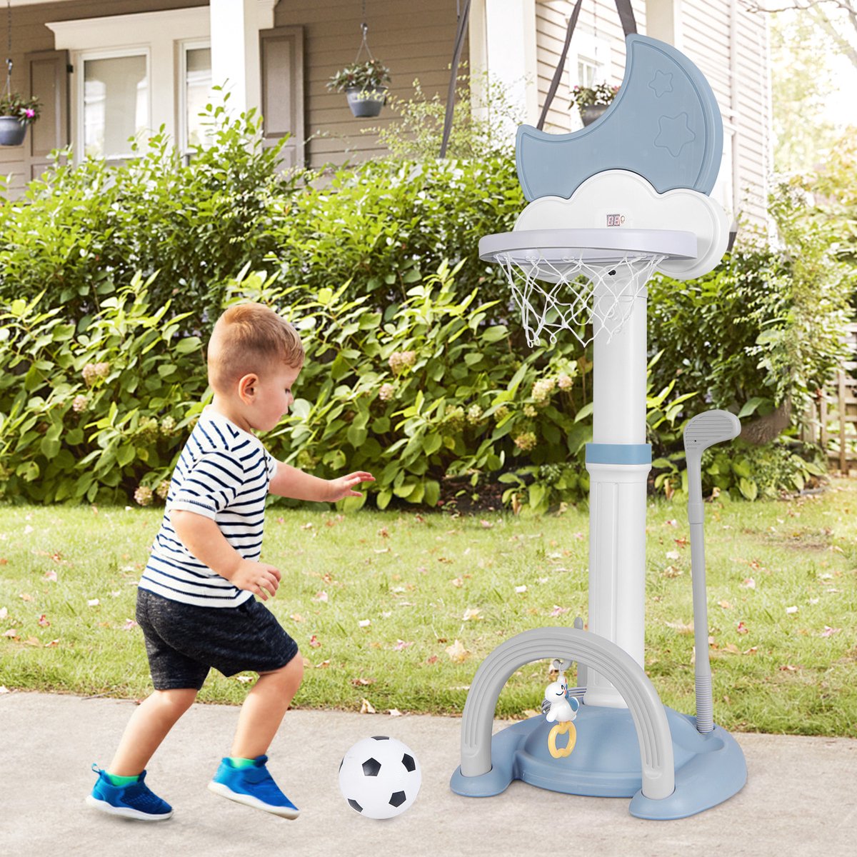 COSTWAY 4-in-1 basketbalkorf voor kinderen, in hoogte verstelbaar, met basketbal, voetbal en ringworp, kinderspeelplaats met displaybord, mandinstallatie voor kinderen vanaf 3 jaar (blauw) — afbeelding 7