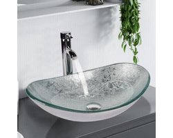 Puluomis Wastafel - Waskommen - Glas - Ovaal - Wastafelkraan zilver - Afvoerplug - Waterpijp - zilver