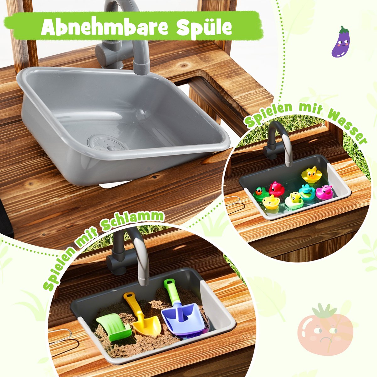 COSTWAY Modderkeuken voor kinderen, outdoor, kinderkeuken, dennenhout met 4 kookpotten, kraan en afneembare spoelbak en kookplaten, outdoorkeuken, speelkeuken met kookaccessoires voor kinderen vanaf 3 — afbeelding 8