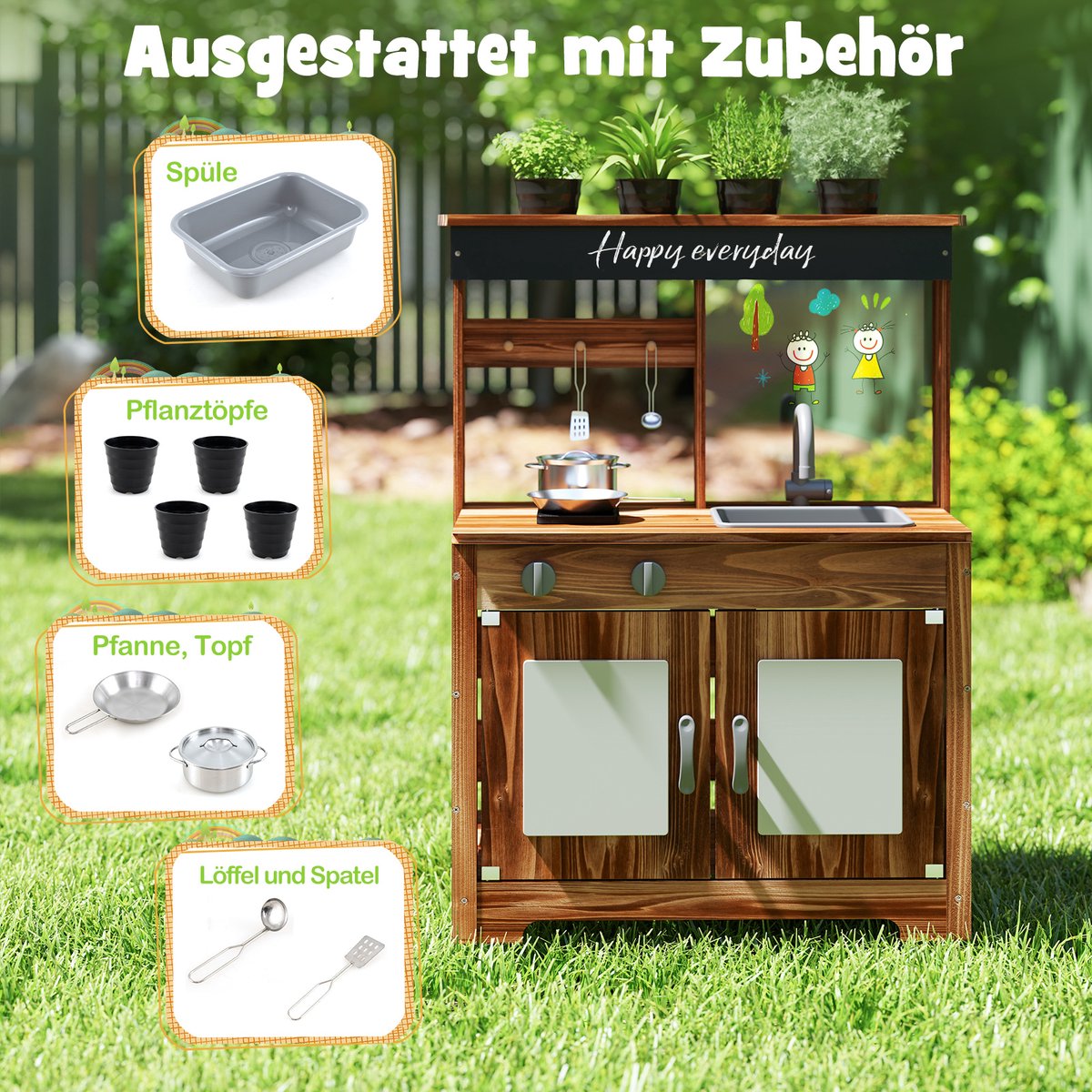 COSTWAY Modderkeuken voor kinderen, outdoor, kinderkeuken, dennenhout met 4 kookpotten, kraan en afneembare spoelbak en kookplaten, outdoorkeuken, speelkeuken met kookaccessoires voor kinderen vanaf 3 — afbeelding 3
