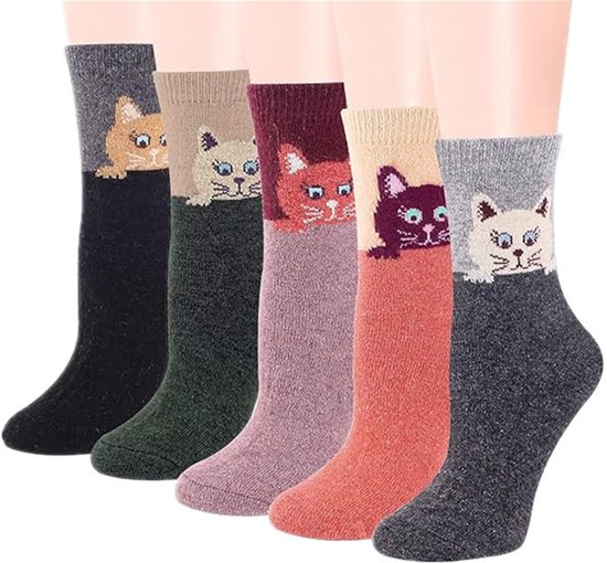 5 paires de chaussettes épaisses et chaudes - Chaussettes d'hiver - Super chaudes et respirantes - Extensibles pour hommes et femmes - Semelle antidérapante - Chat mignon - Taille unique