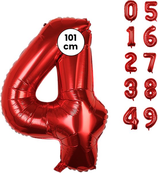 Fienosa Cijfer Ballonnen nummer 4 - Rood - 101 cm - XL Groot - Helium Ballon - Verjaardag Ballon - Leeftijd verjaardag - Verjaardagsballon - Verjaardag