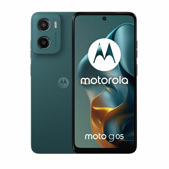 Donkergroene Motorola smartphone, voorkant met scherm en achterkant met dubbele camera.