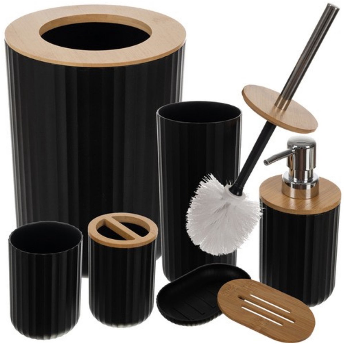 Ruhhy badkamerset - 6 delig - zwart - kunststof/RVS/bamboe - toiletset - badkamer accessoires