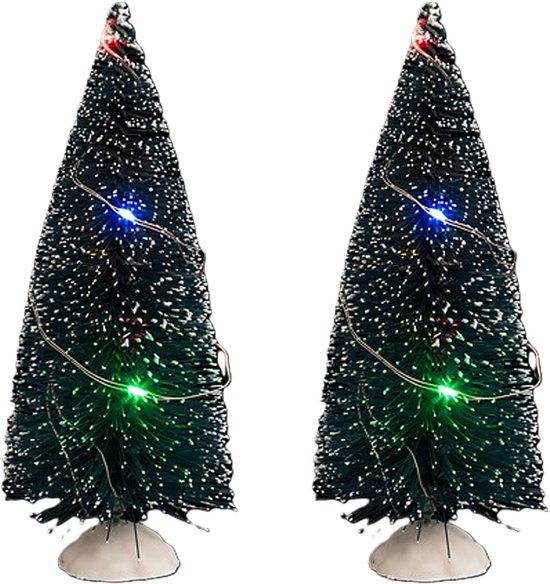 Feeric Christmas Kerstdorp mini kerstboompjes - 2x st - 15 cm - verlicht - 20 gekleurde LED lampjes - kleine boompjes met verlichting