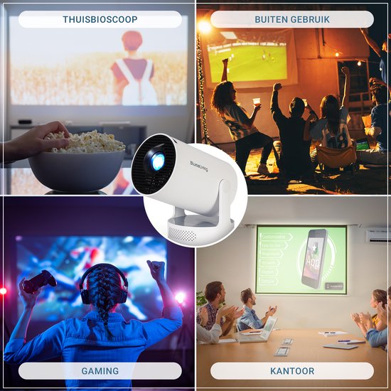 Collage : projecteur dans un home cinéma, extérieur, gaming et bureau, avec affichage d'une application.