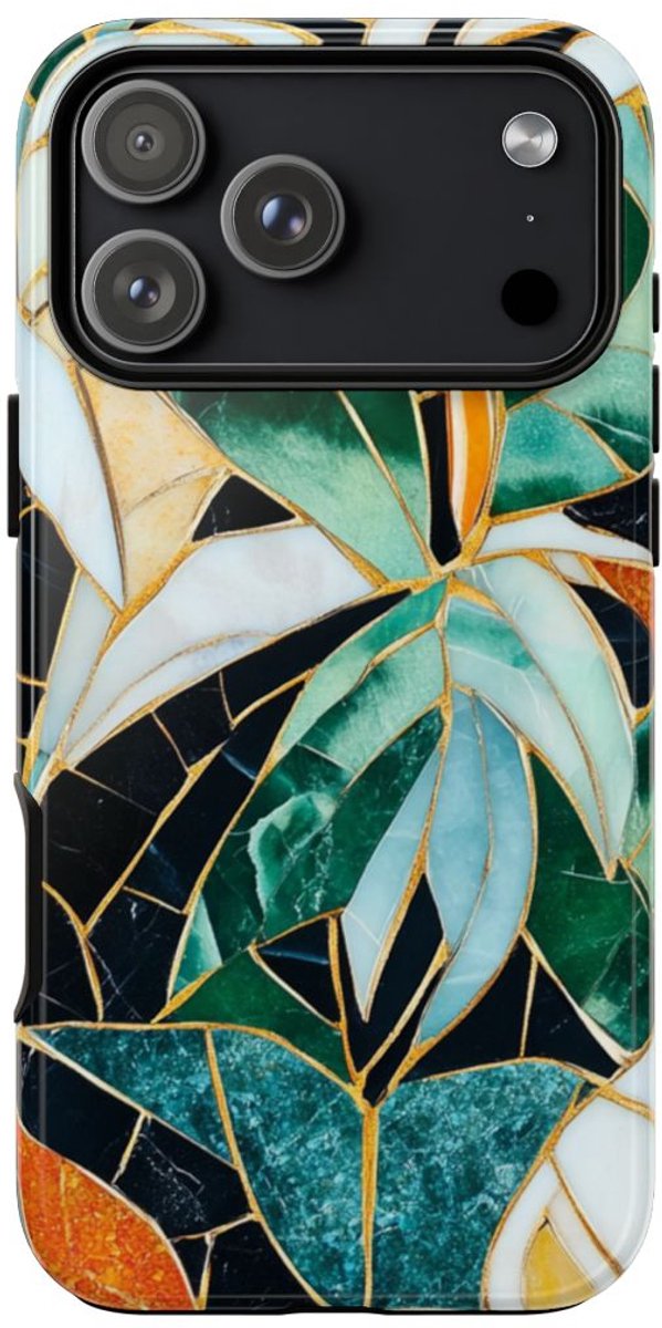Tropisch Bladmozaïek met Gouden Accenten – Telefoonhoesje Geschikt voor iPhone 17 Pro Max