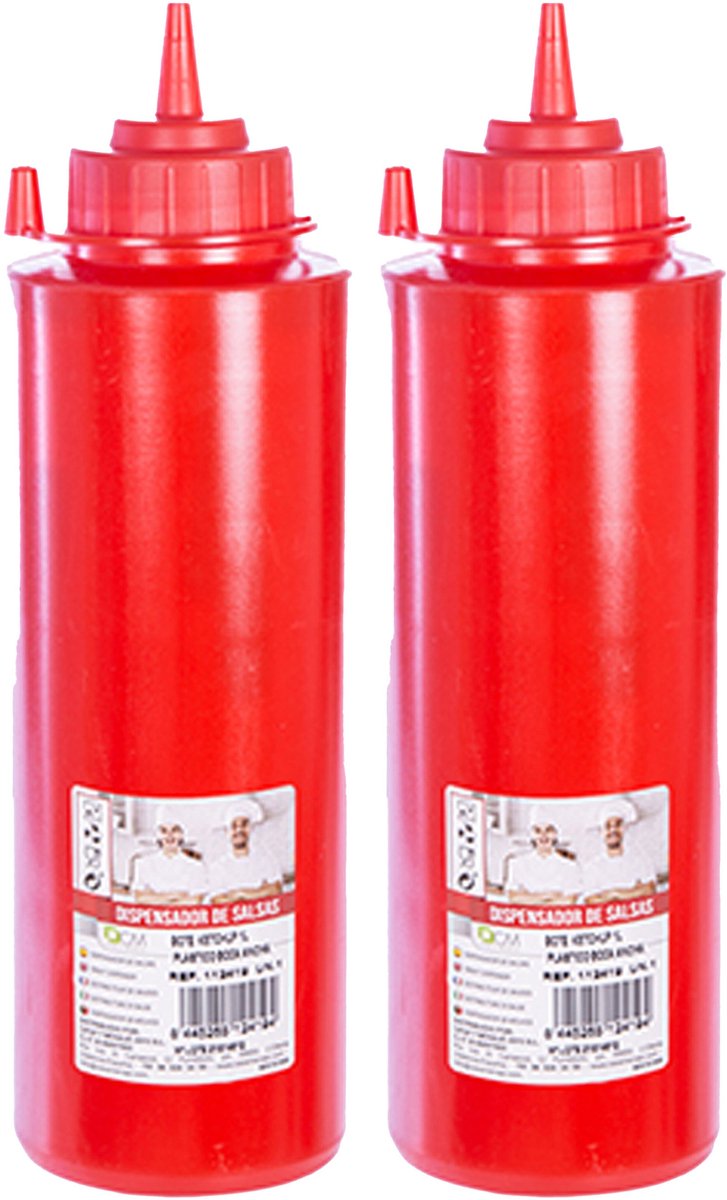 CM Doseerfles sausfles - 2x - rood - kunststof - met schenktuit - 750 ml - 28 x 7 cm - Pannenkoeken/poffertjes