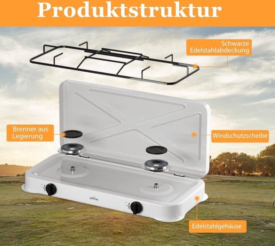 Gas kooktoestel 2-pits - Compact campingfornuis met deksel - Inclusief 1,5 m gasslang & drukregelaar 50 mbar - Wit — afbeelding 3