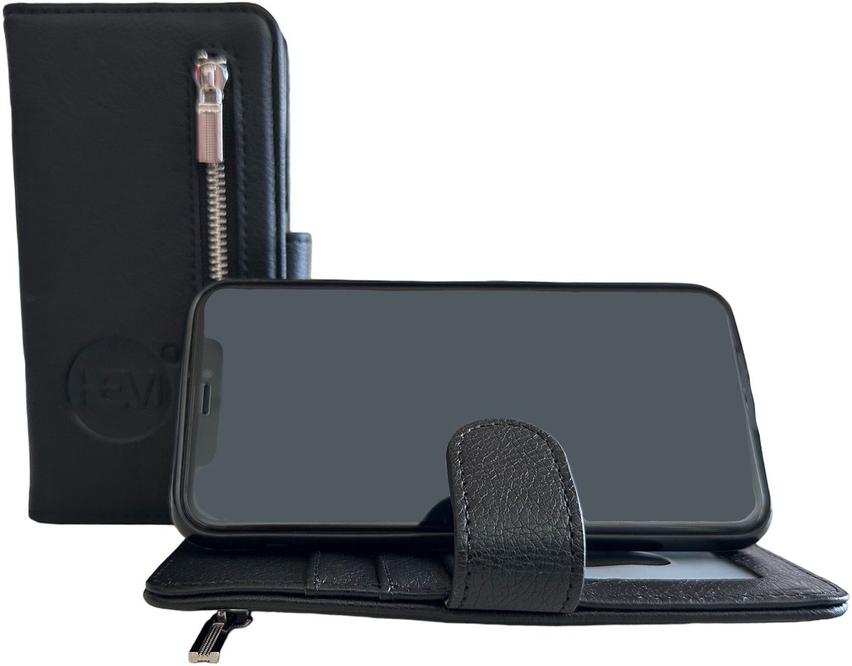 HEM Boekhoesje Met Rits Geschikt Voor Apple iPhone 17 – Zwart (Antique Black) Luxe Portemonnee Hoesje – Wallet Case Met Pasjeshouder – Beschermende Bookcase