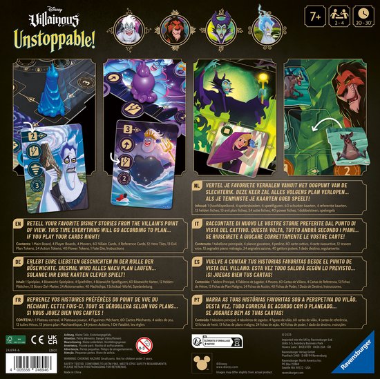 Achterkant van de Disney Villainous Unstoppable speldoos met beschrijvingen en afbeeldingen van schurken.