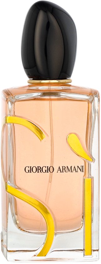 Giorgio Armani Si eau de parfum fles van 100ml met goudkleurige golvende lijnen en zwarte dop.