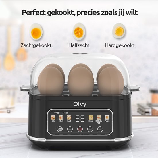 Zwart Olvy eierkoker met 3 gekookte eieren bovenop, en afbeeldingen van zacht, halfzacht en hardgekookt ei.