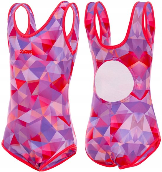 Paars en roze geometrisch patroon badpak met rode biezen en rond open detail op de rug. Merk ZAGANO.