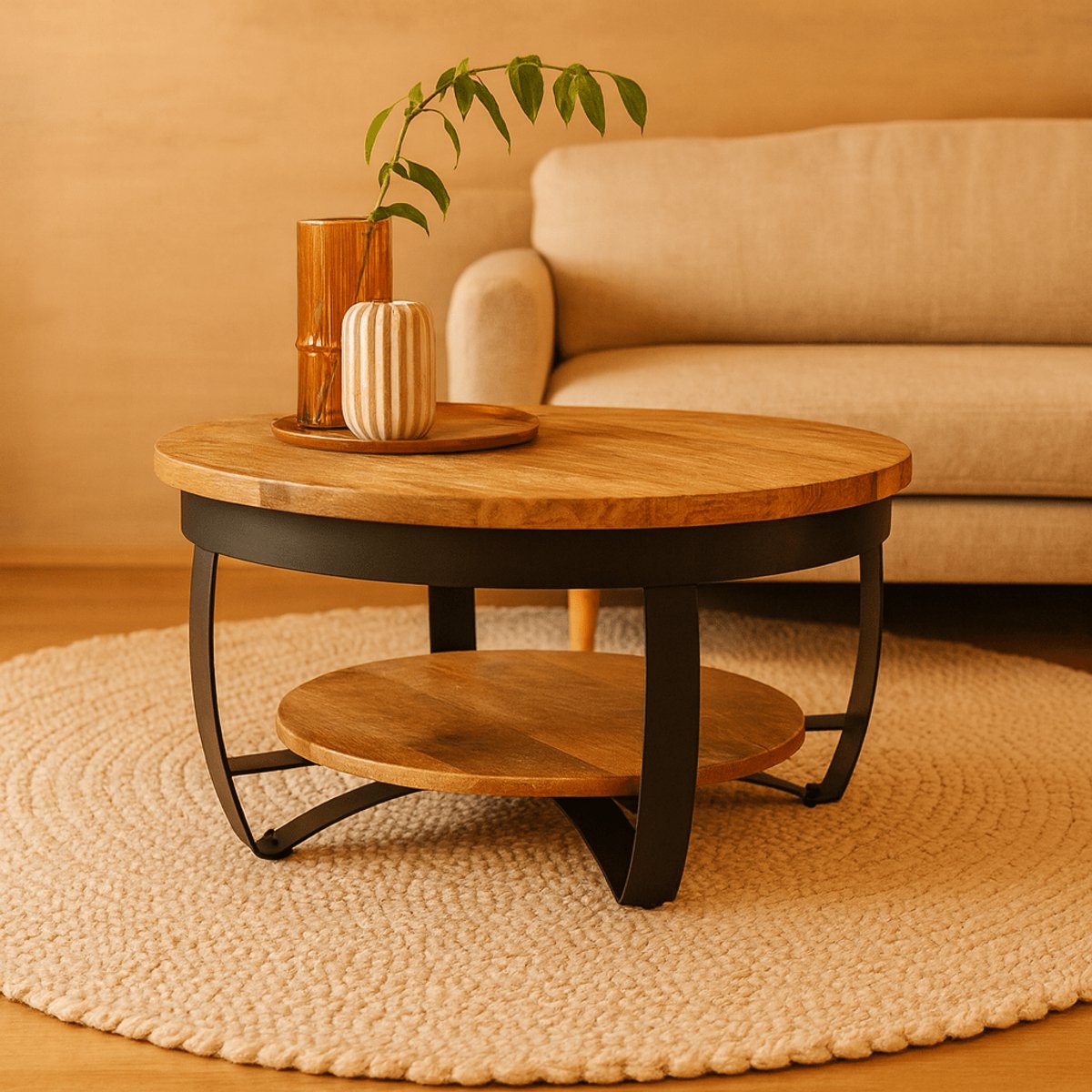 Salontafel Rond Mangohout 65 cm - Salontafel Rond - Industrieel Salontafel - Woonkamer Tafel - Salontafels Industrieel - Salontafel Landelijk - Salontafel Hout Metaal - Bijzettafel Rond - Coffee Table - Koffietafel - Ø 65 cm
