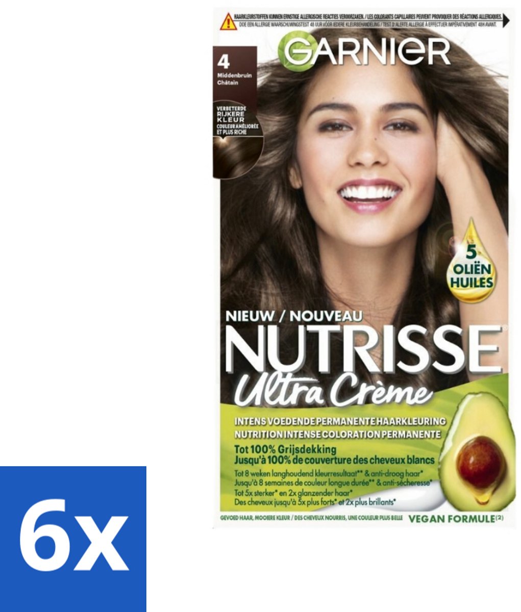 6 x Garnier - Nutrisse Ultra Crème 4 - Haarkleuring - Middenbruin - Intens Voedend - Permanente Kleur - Haarverf - Permanente Haarkleuring - Grijsdekking - Voedende Haarkleuring - Nutrisse Ultra Crème