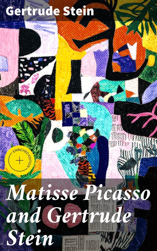 Boekomslag van Matisse Picasso and Gertrude Stein, met een kleurrijk collage-achtig ontwerp in de stijl van Matisse en Picasso.