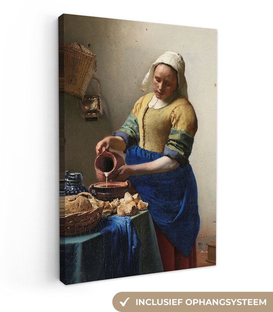Schilderijen op canvas - Het melkmeisje 80x120 - Kamer decoratie accessoires - Johannes Vermeer schilderij woonkamer - Wanddecoratie slaapkamer - Muurdecoratie keuken - Wanddoek oude meesters interieur - Woondecoratie huis - Woonaccessoires